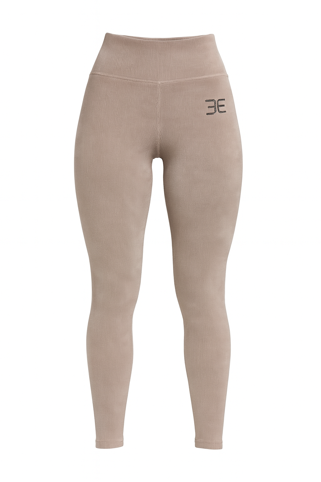 Luxury Ribbed High-Waist Leggings with Black Crystal Logo – Nude Beige