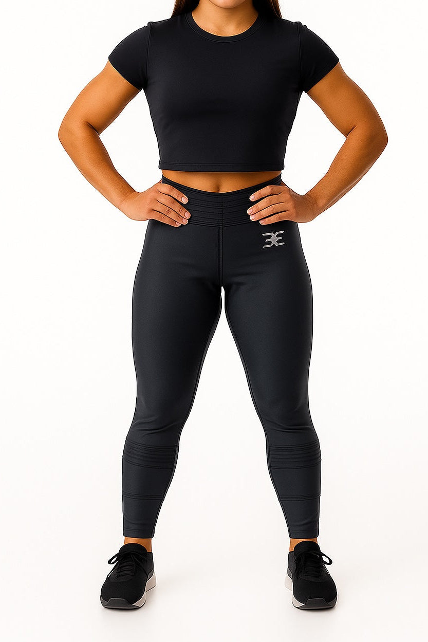 Black Shiny Performance Leggings – High-Waist Sculpt Fit with Reflective Logo