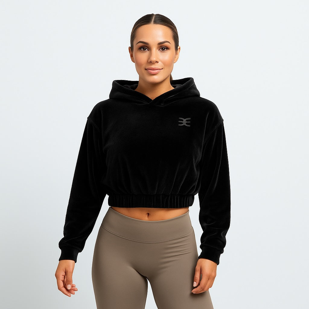 Brutality London Luxe Black Velvet Cropped Hoodie – Crystal Logo Edition