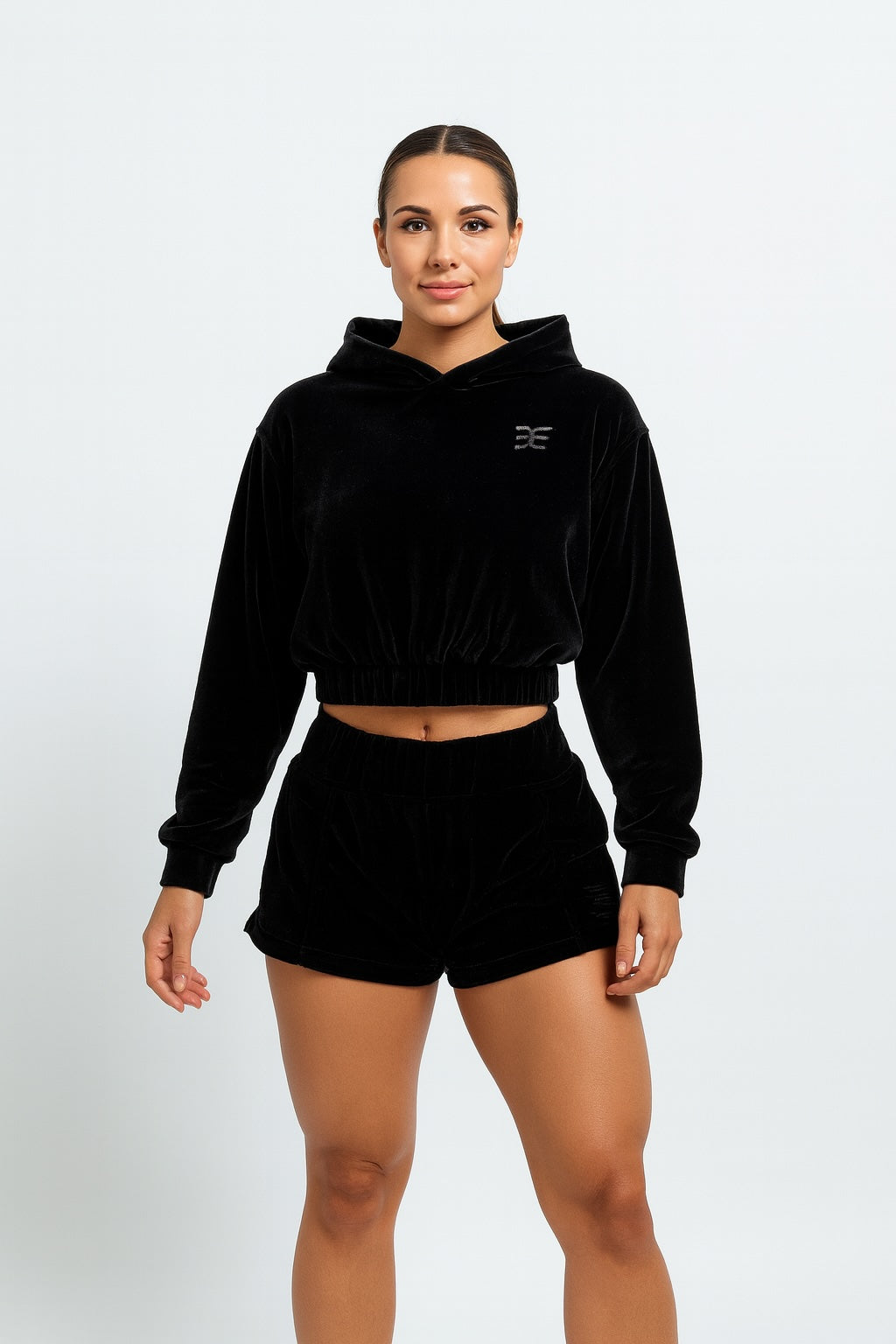 Brutality London Luxe Black Velvet Cropped Hoodie – Crystal Logo Edition