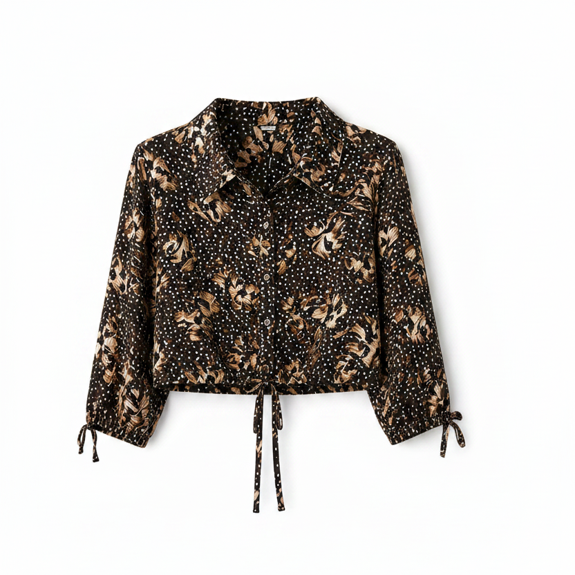 Luxe Tie-Front Cropped Shirt –  Espresso Feather Print