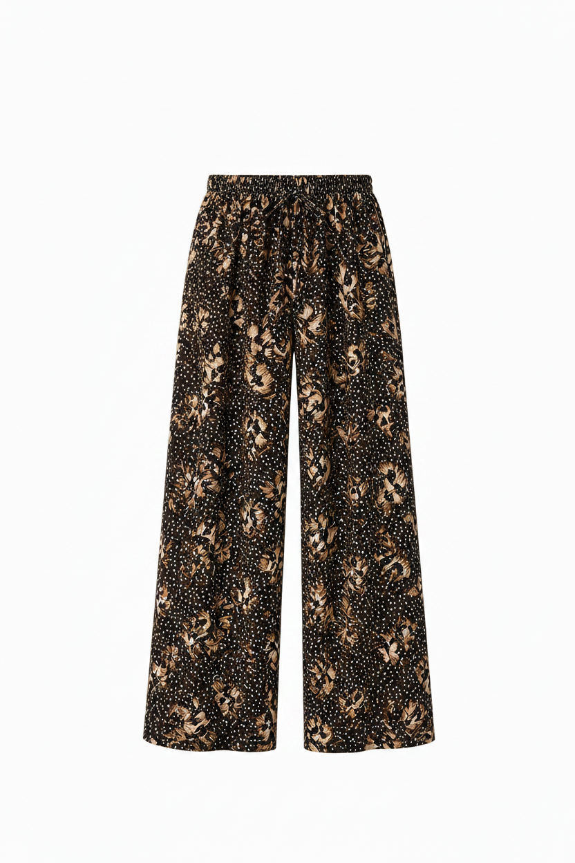 Luxe Relaxed Wide-Leg Trousers – Espresso Feather Print