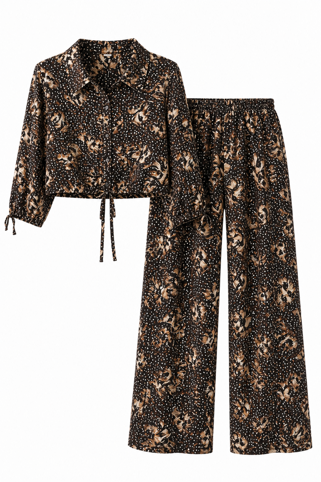 Luxe Relaxed Wide-Leg Trousers – Espresso Feather Print
