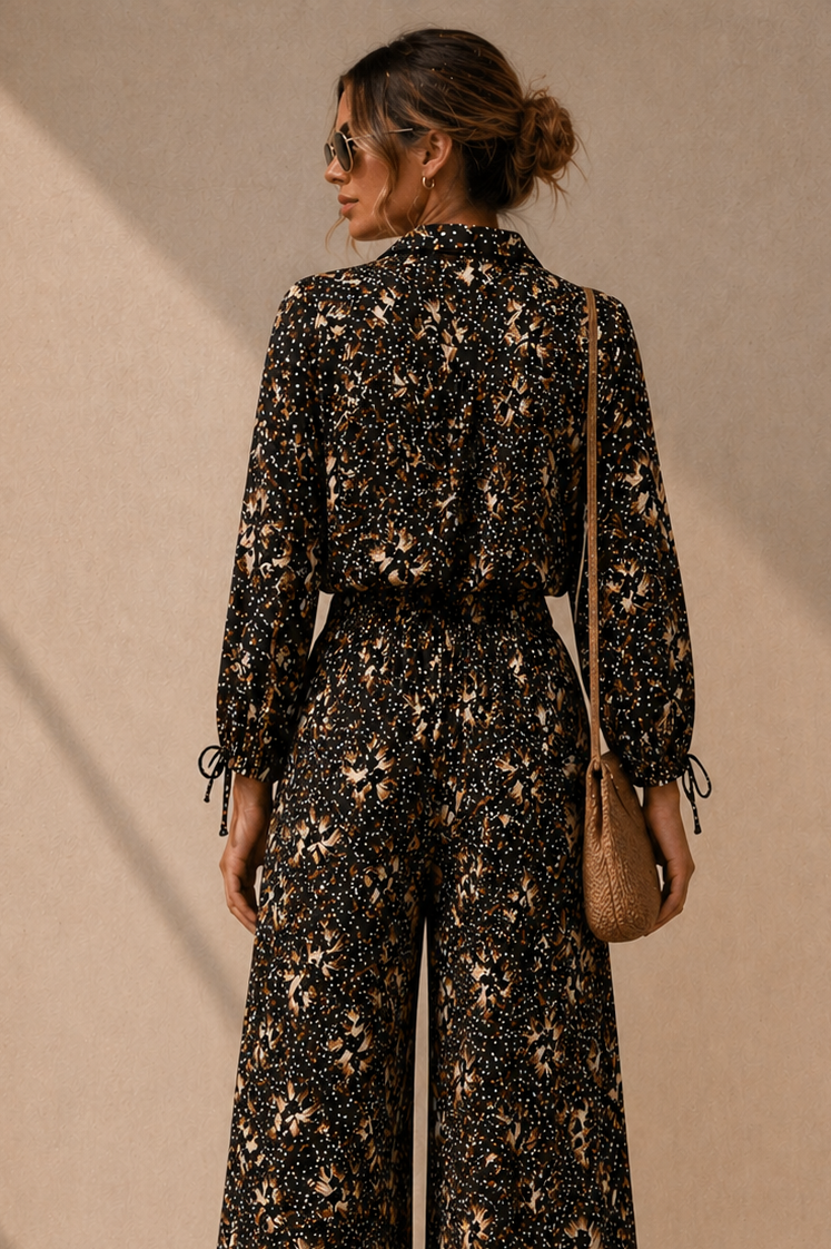 Luxe Tie-Front Cropped Shirt –  Espresso Feather Print