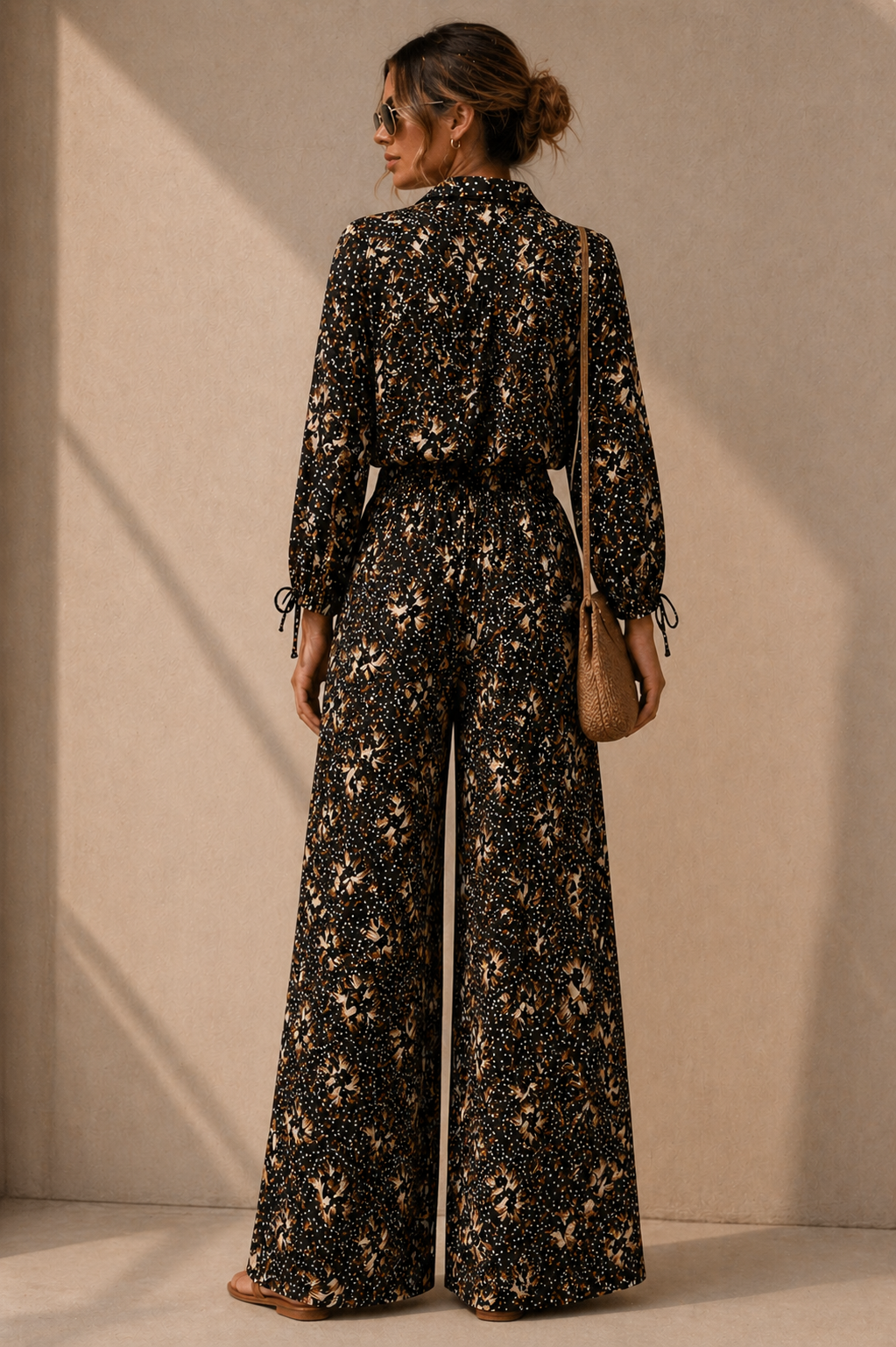Luxe Relaxed Wide-Leg Trousers – Espresso Feather Print