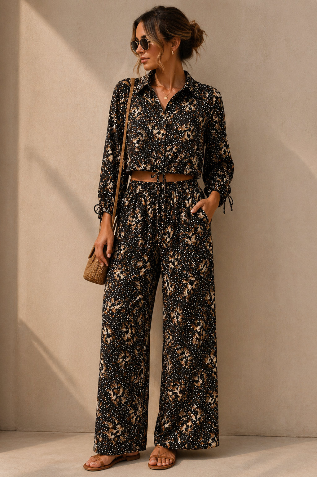 Luxe Tie-Front Cropped Shirt –  Espresso Feather Print