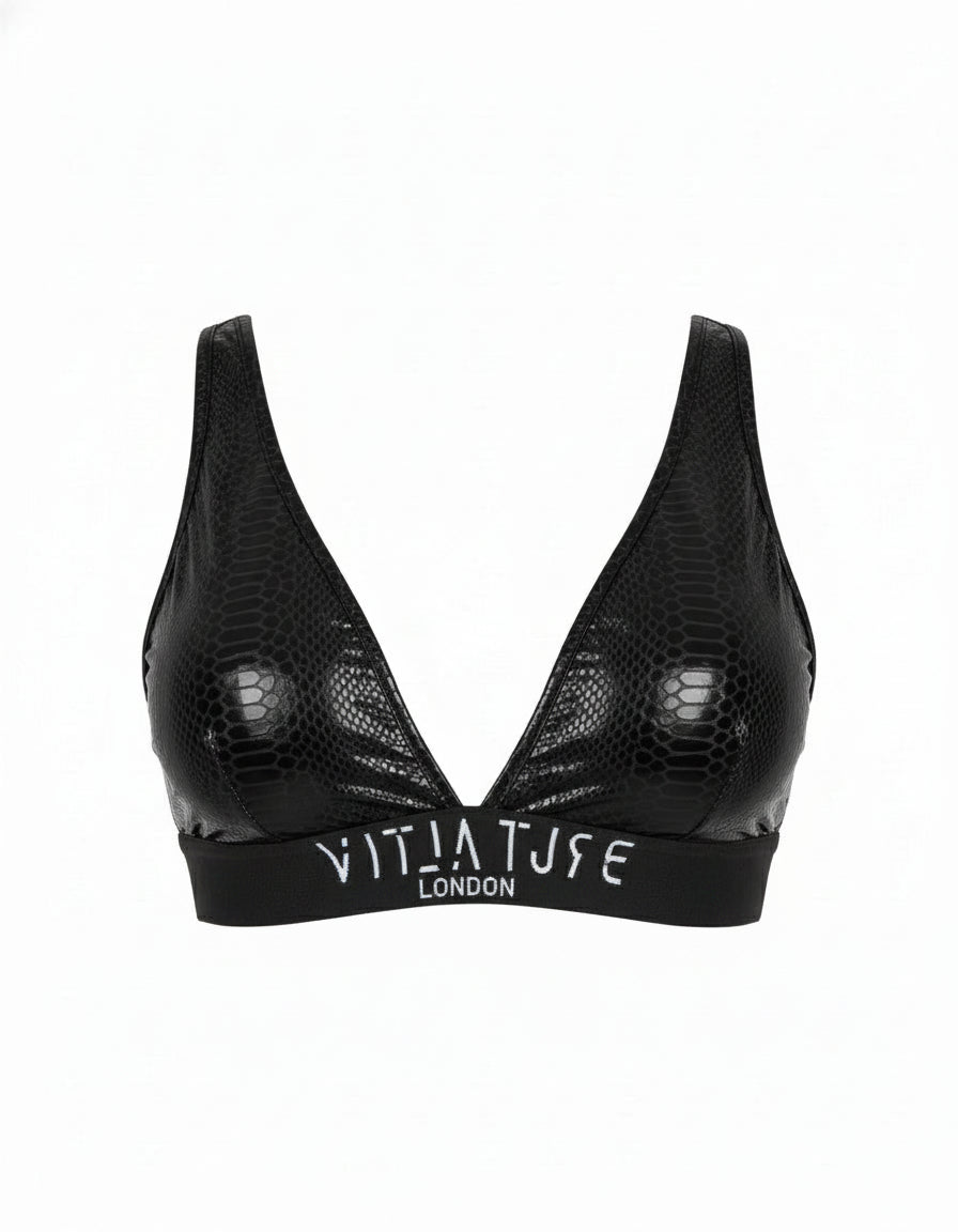 V Neck Black Snakeskin Sports Bra - Brutality London