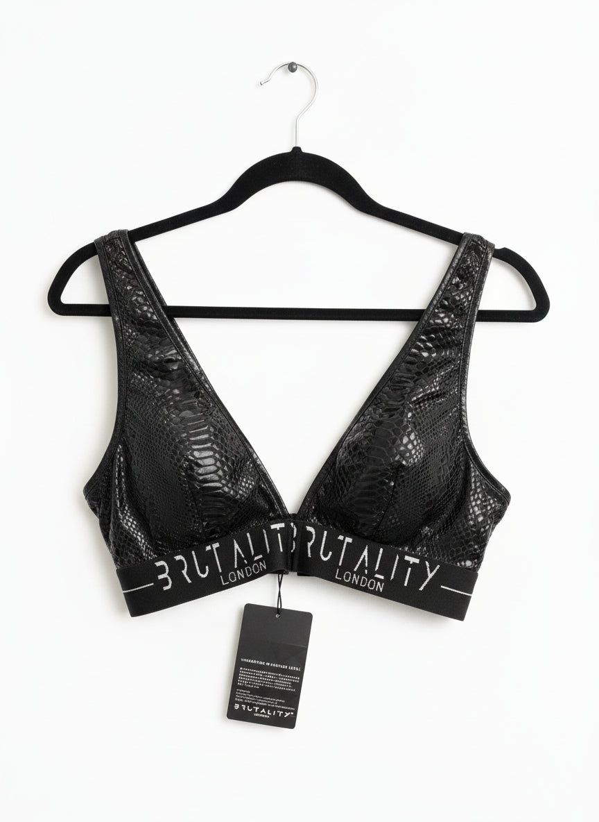V Neck Black Snakeskin Sports Bra - Brutality London
