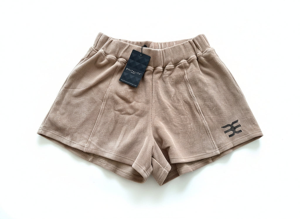 Luxury Ribbed Lounge Shorts with Black Crystal Logo – Nude Beige