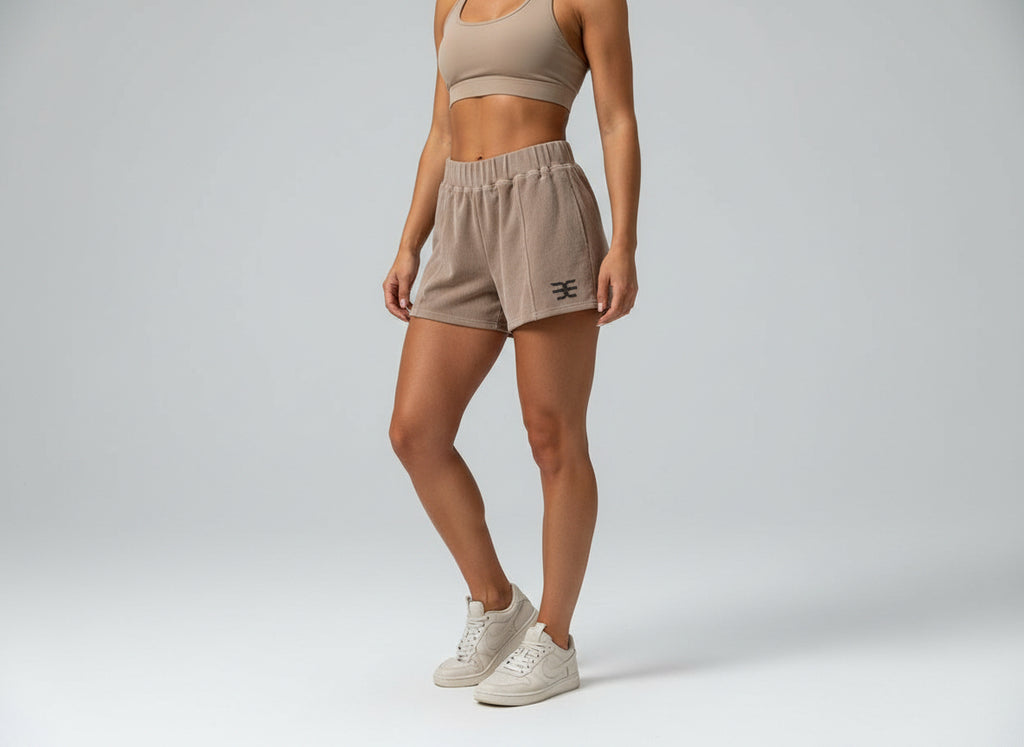 Luxury Ribbed Lounge Shorts with Black Crystal Logo – Nude Beige