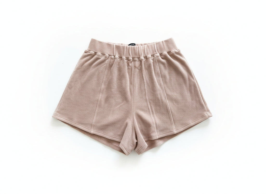 Luxury Ribbed Lounge Shorts with Black Crystal Logo – Nude Beige