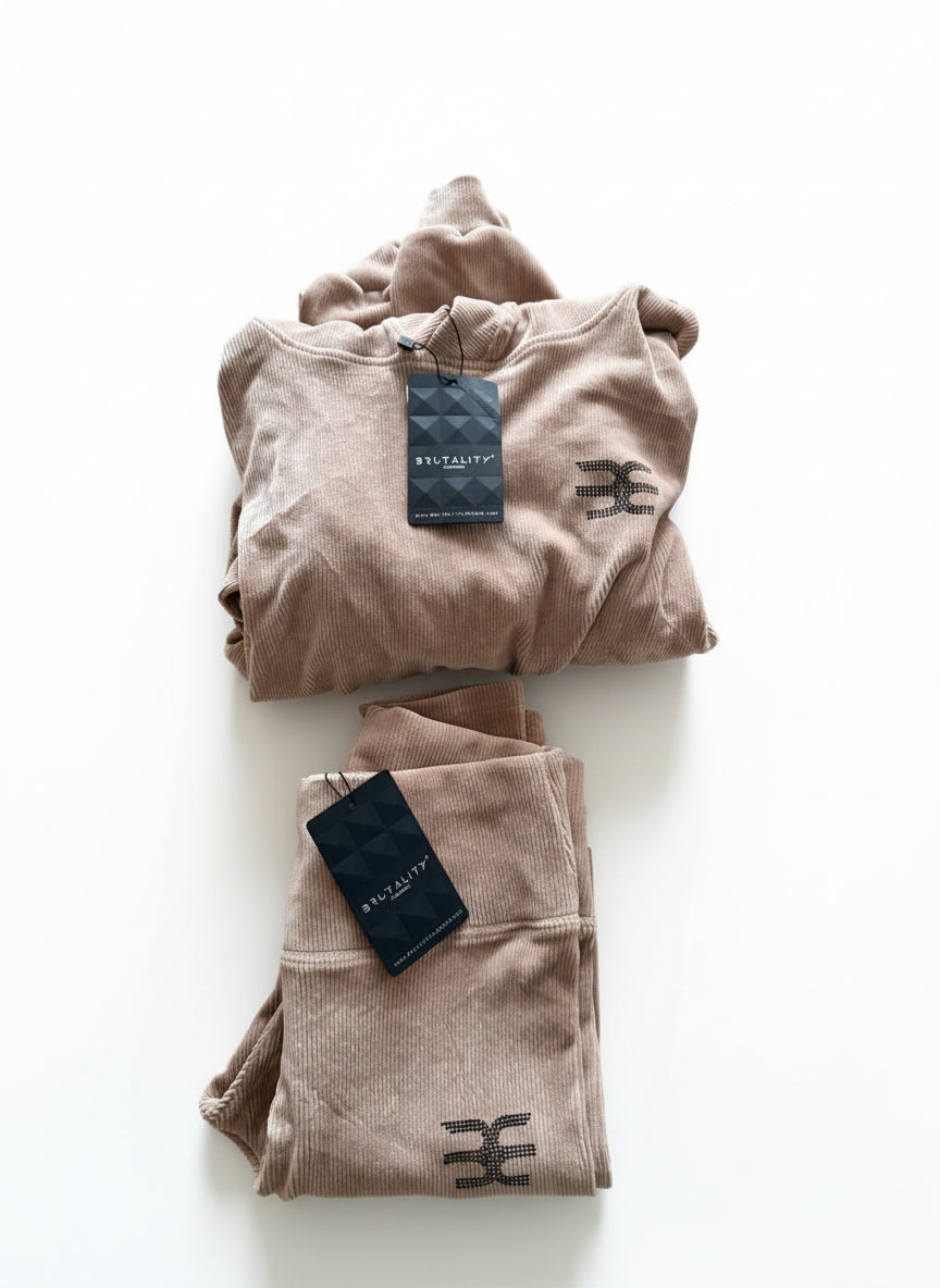 Luxury Ribbed Cropped Hoodie with Black Crystal Logo – Nude Beige