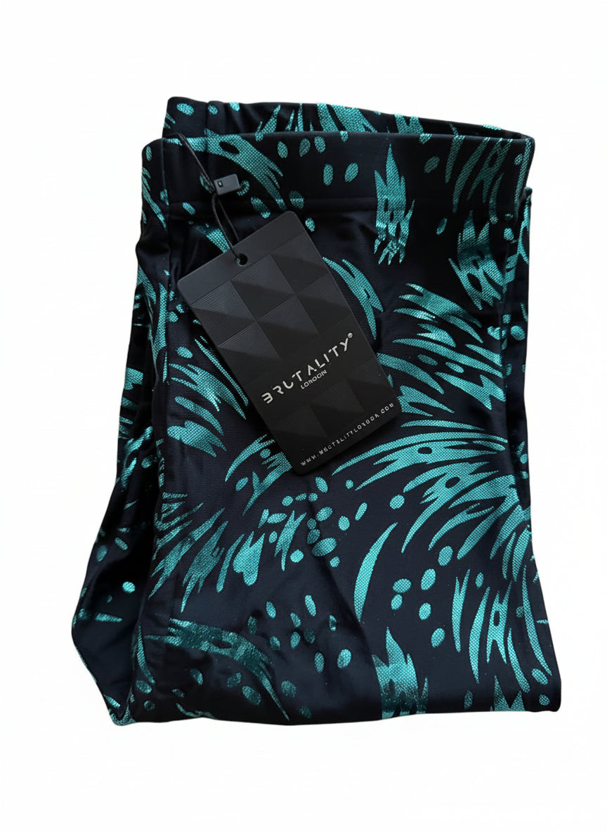 High-Waist Sculpting Leggings – Black with Turquoise Palm Print