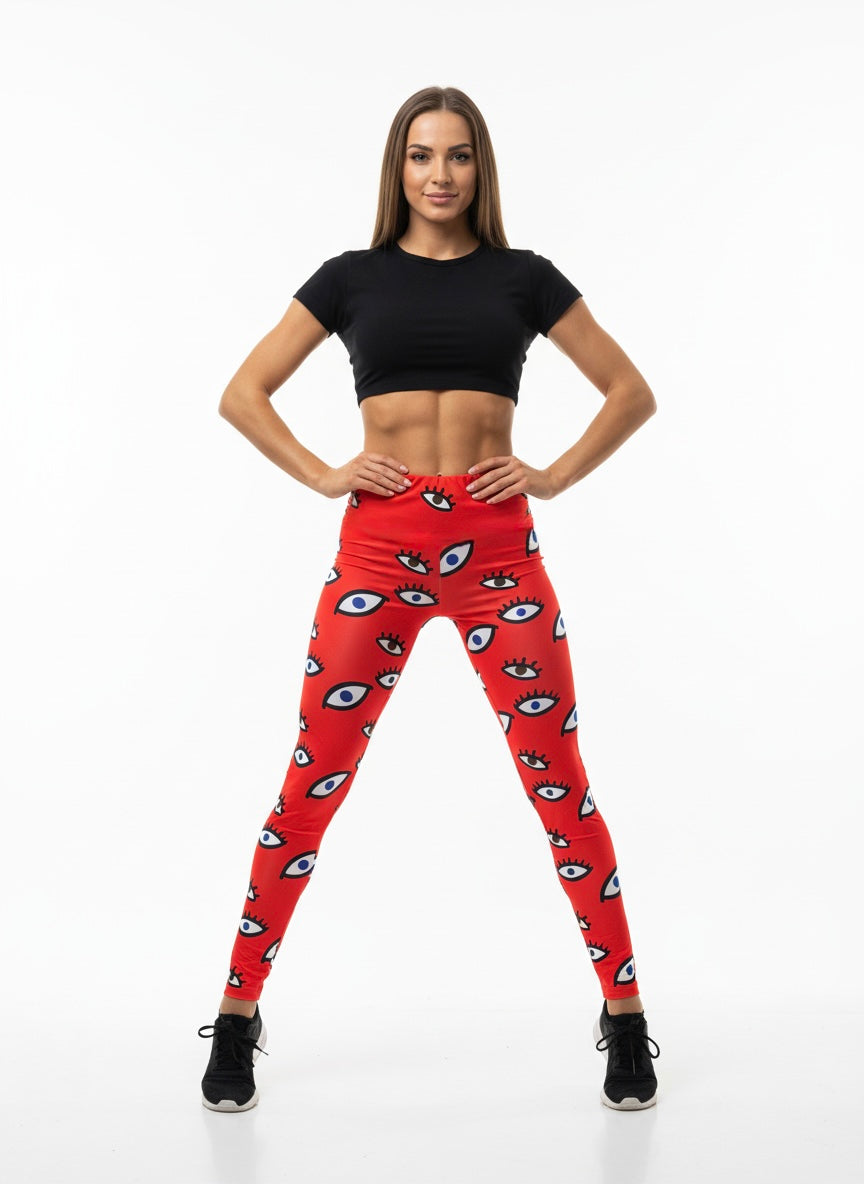Evil Eye High-Waist Statement Leggings – Red Power Print