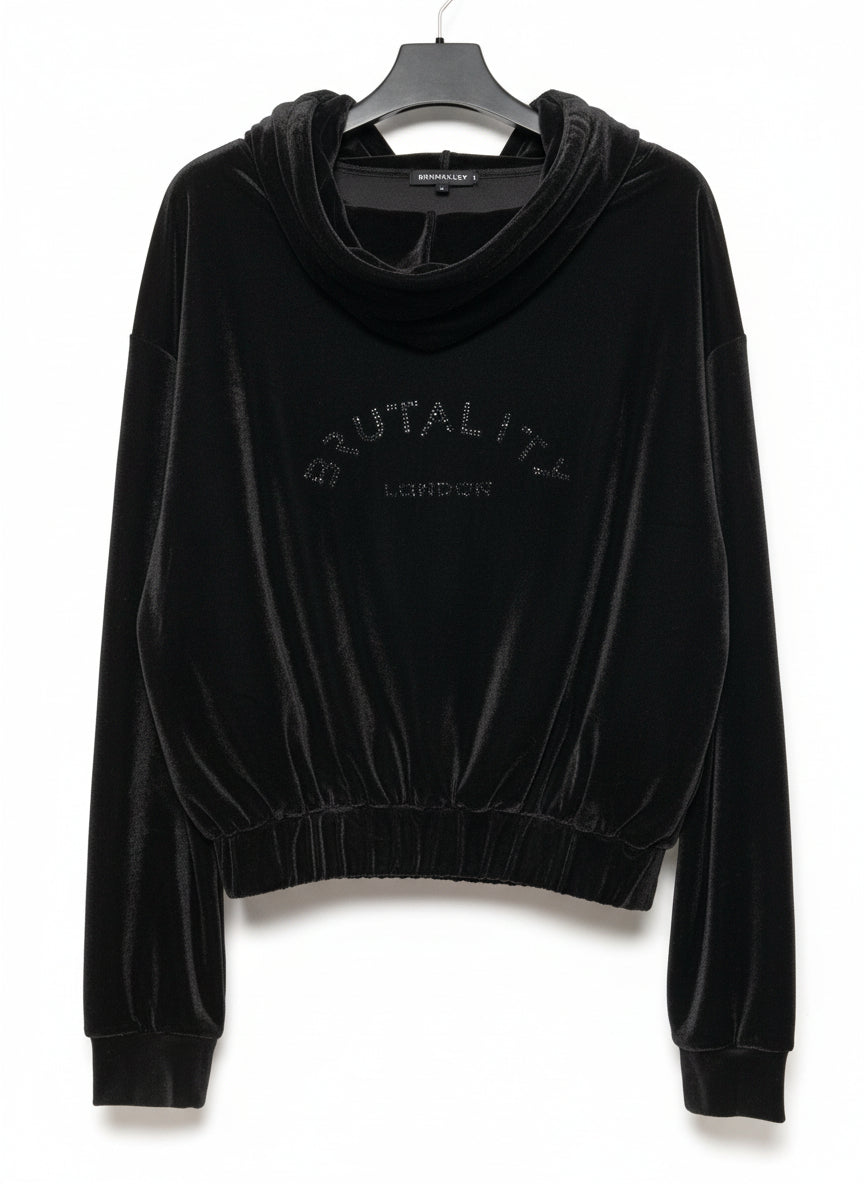 Brutality London Luxe Black Velvet Cropped Hoodie – Crystal Logo Edition