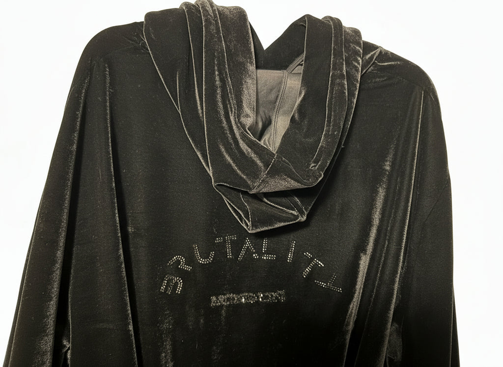 Brutality London Luxe Black Velvet Cropped Hoodie – Crystal Logo Edition