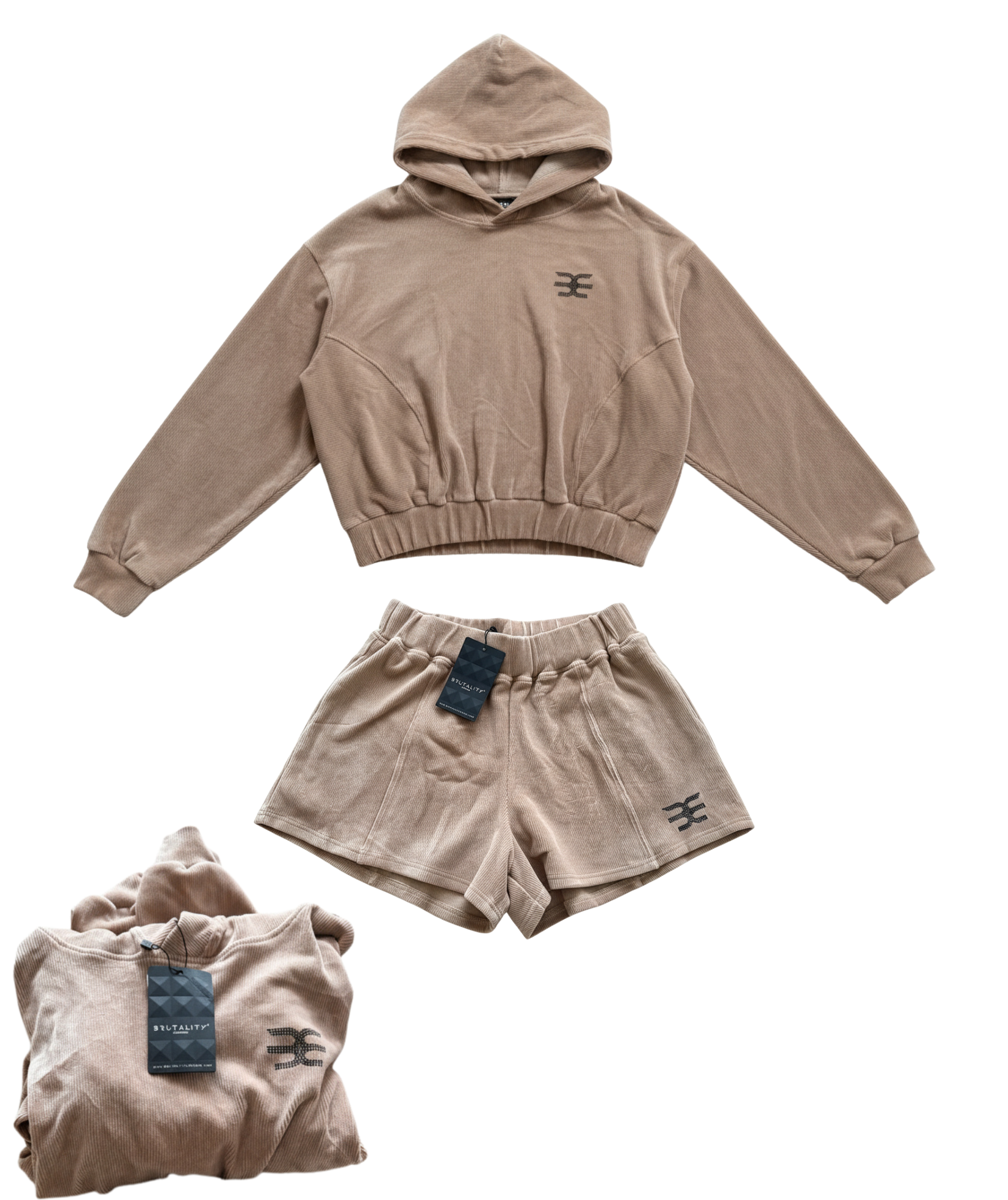 Luxury Ribbed Lounge Shorts with Black Crystal Logo – Nude Beige