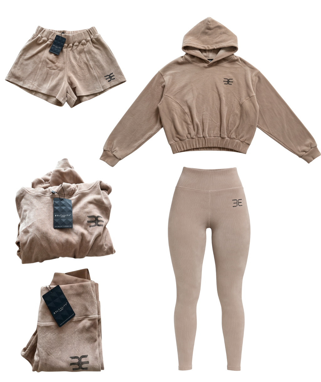 Luxury Ribbed High-Waist Leggings with Black Crystal Logo – Nude Beige