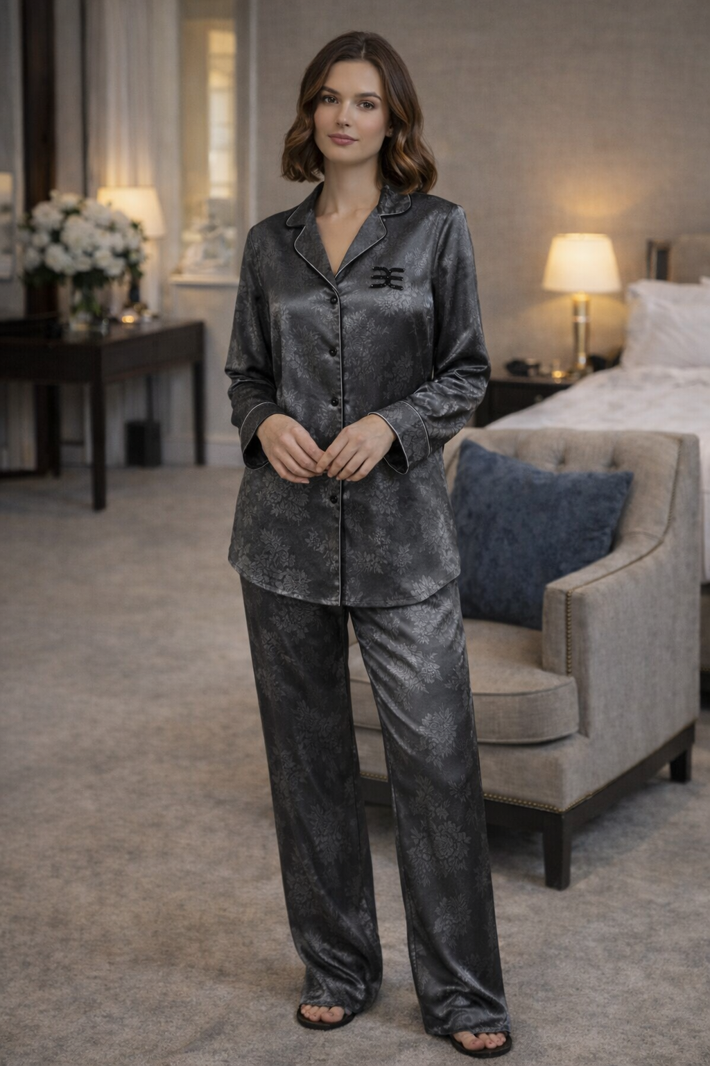 Unisex Silky Satin Pyjama Set – Noir Jacquard Brutality London