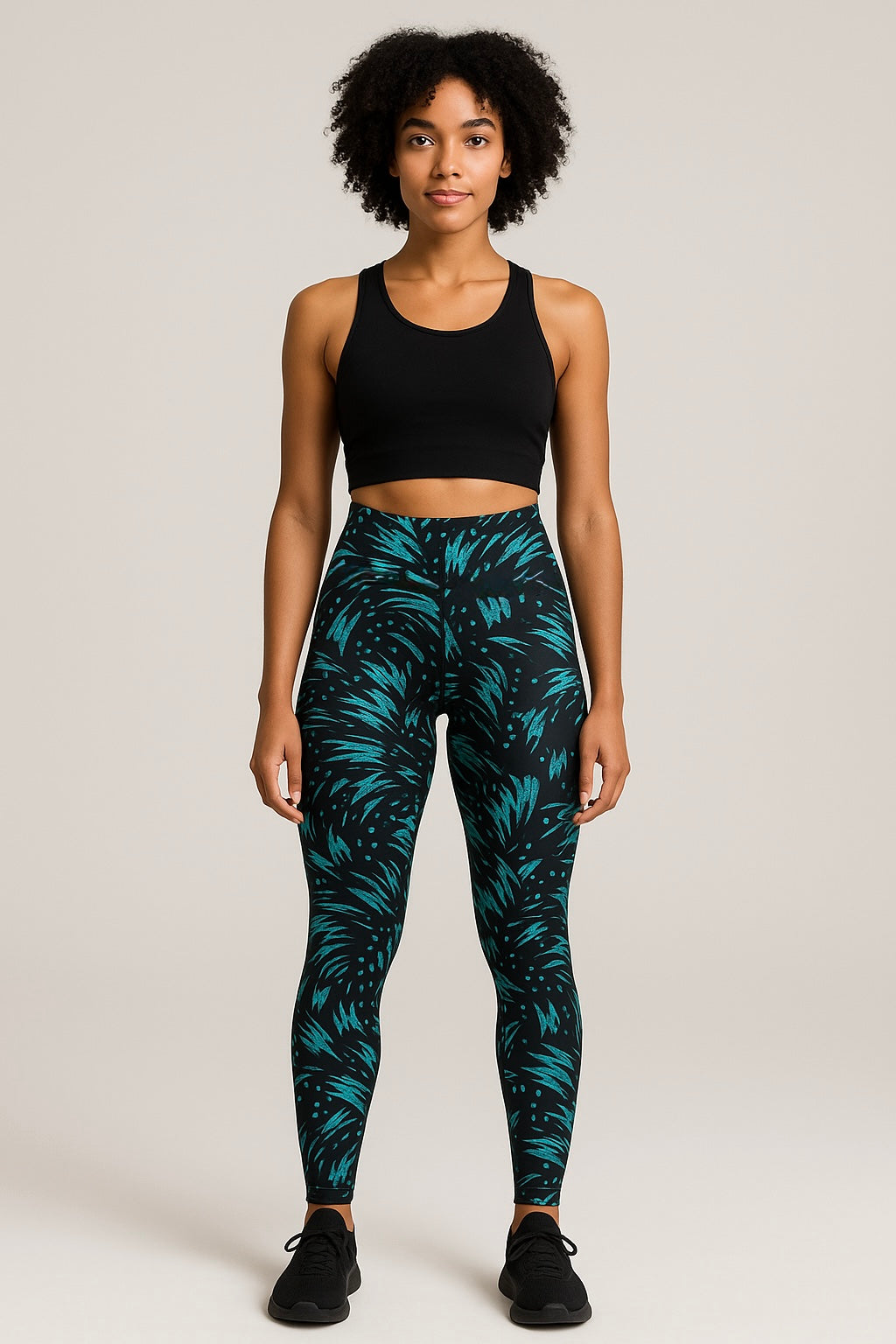 High-Waist Sculpting Leggings – Black with Turquoise Palm Print