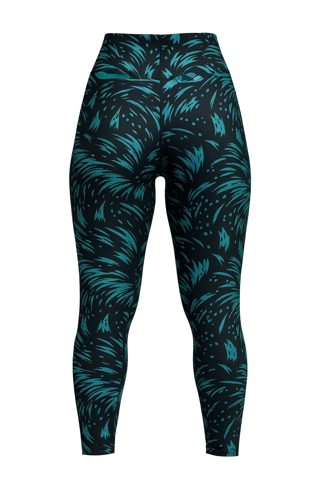 High-Waist Sculpting Leggings – Black with Turquoise Palm Print
