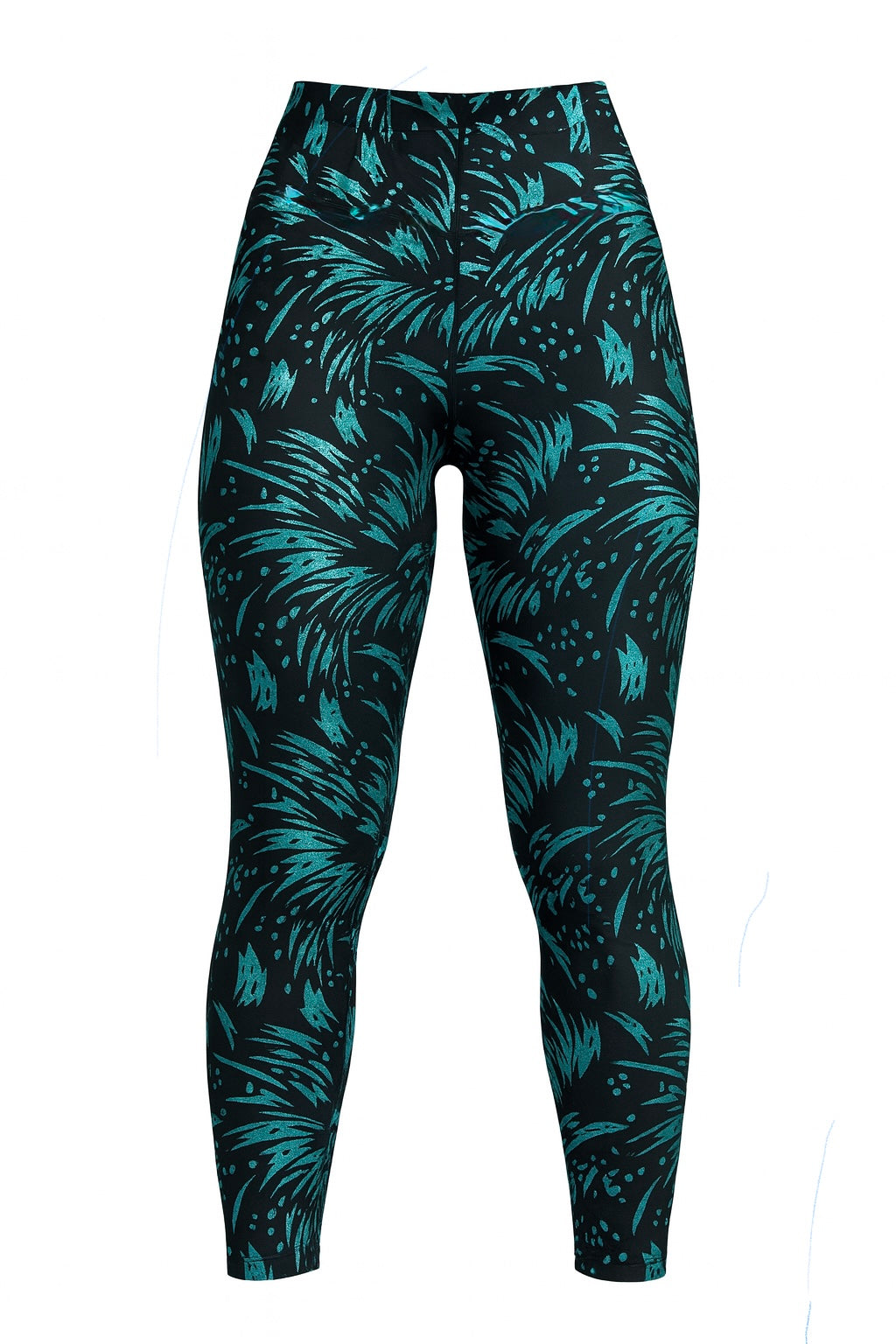 High-Waist Sculpting Leggings – Black with Turquoise Palm Print