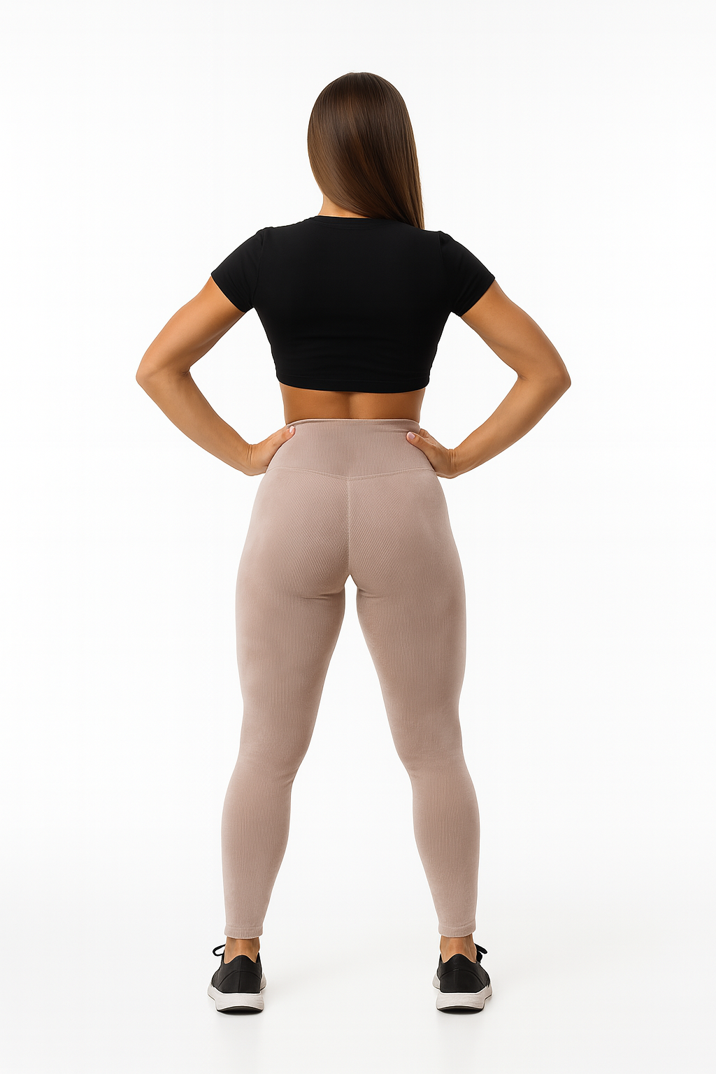 Luxury Ribbed High-Waist Leggings with Black Crystal Logo – Nude Beige