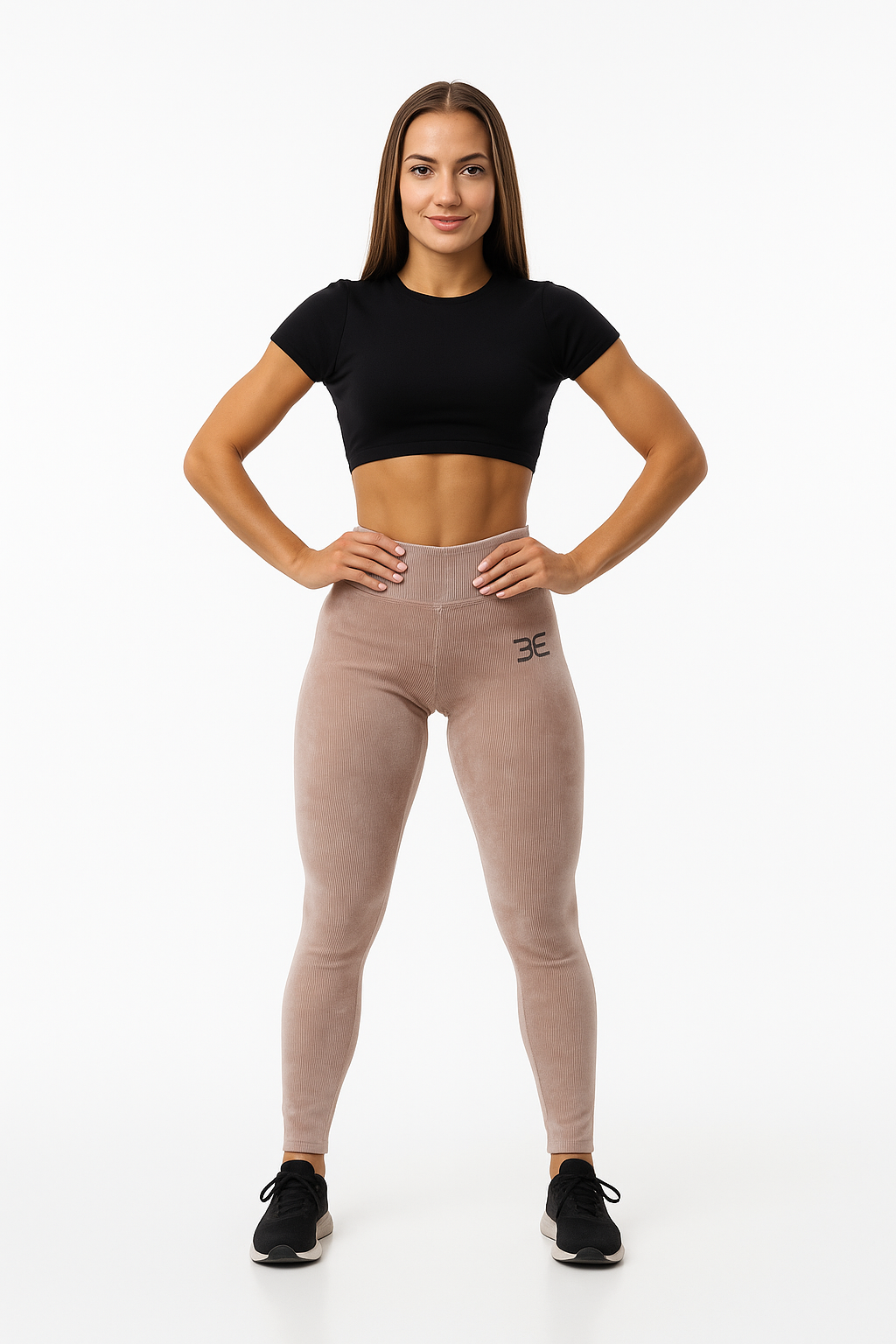 Luxury Ribbed High-Waist Leggings with Black Crystal Logo – Nude Beige