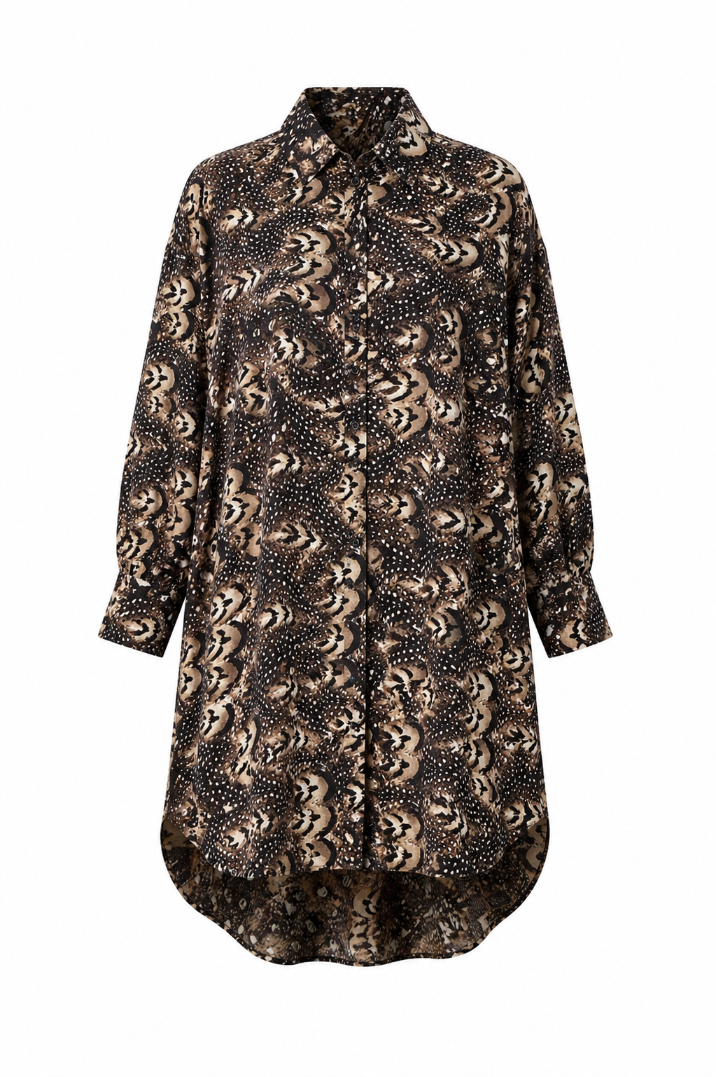 Brutality™ Luxe Linen Shirt Dress – Espresso Feather Print
