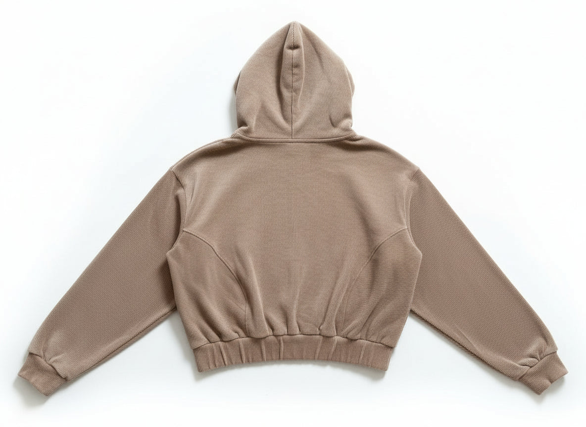 Luxury Ribbed Cropped Hoodie with Black Crystal Logo – Nude Beige