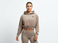Luxury Ribbed Cropped Hoodie with Black Crystal Logo – Nude Beige