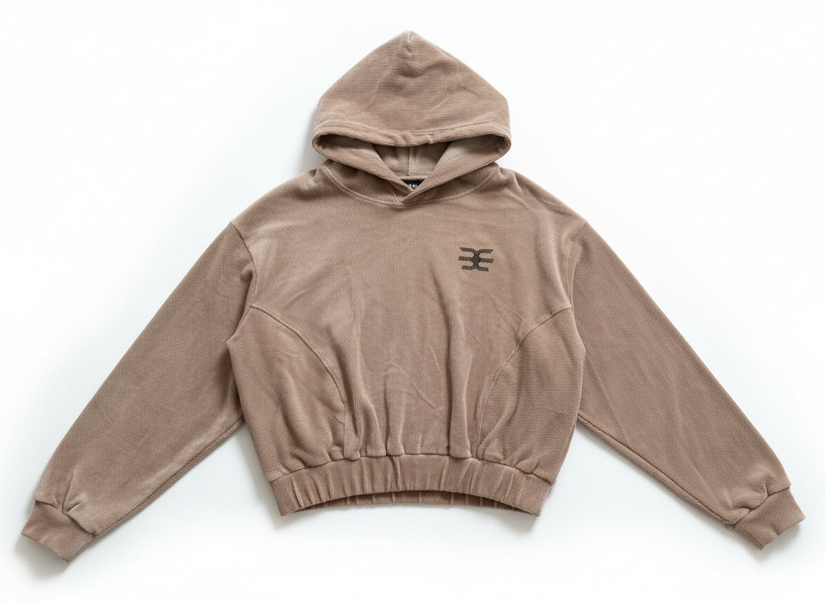 Luxury Ribbed Cropped Hoodie with Black Crystal Logo – Nude Beige