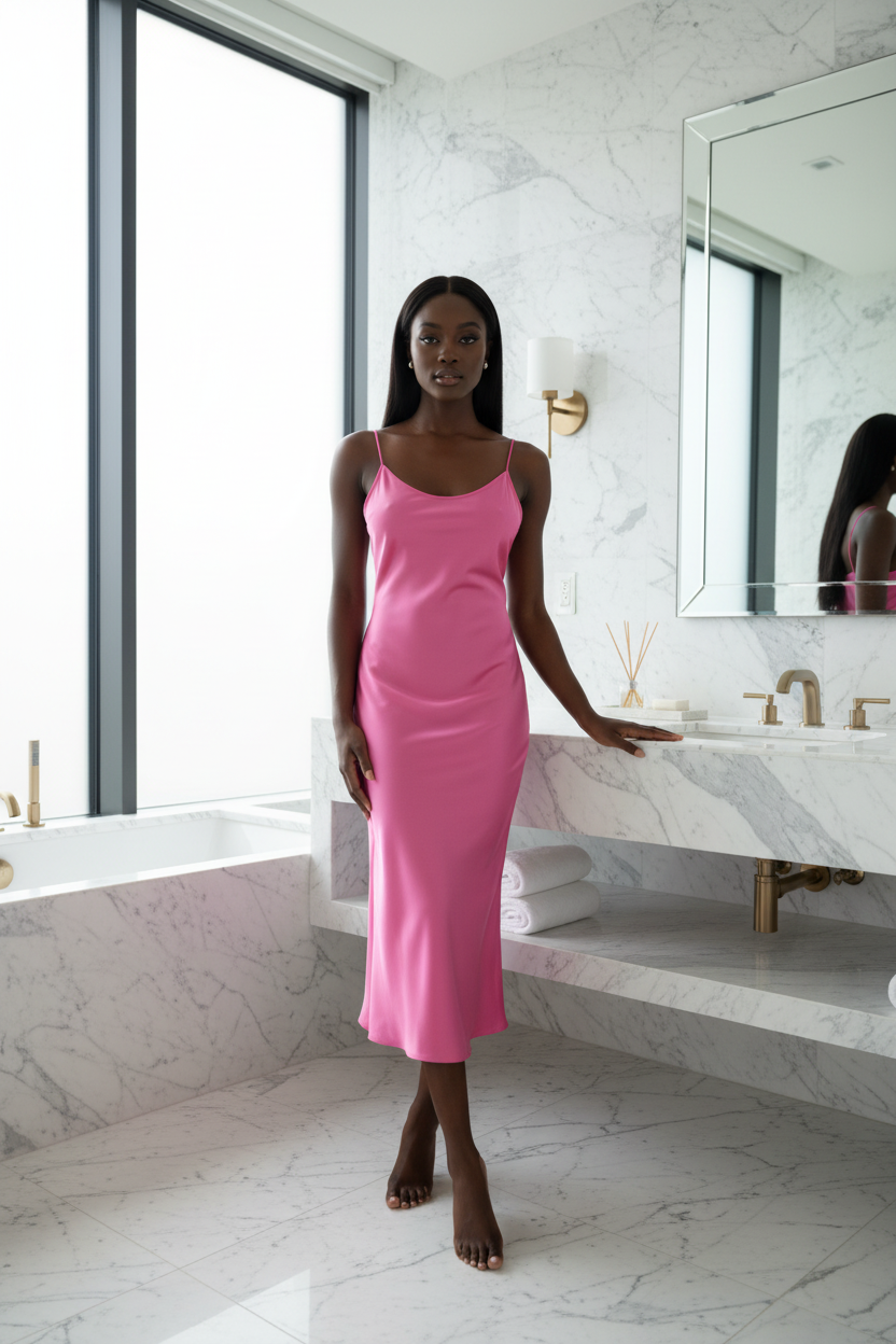 Silky Satin Pink Slip Dress – 7/8 Length