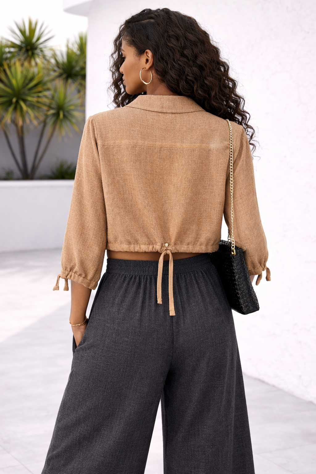 Luxe Tie-Front Cropped Shirt –  Golden Sand Beige